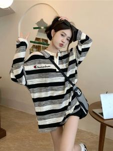 Cute Champion Mid-Length Striped Long-Sleeve Womens T-Shirt Loose Slimming Design Fashionable Sun Protection Trendy Top
