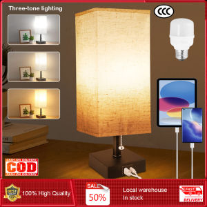 ⭐️【มีในสต๊อก+คลังสินค้าท้องถิ่น】⭐Bedside Lamps Table Lamp For Bedroom Lamp With USB C+A Charging Ports Small Bedside Lamp With 3-Color Modes With Pull Chain Bedroom Lamp With White Fabric Shade(LED Bulb Included)