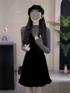 Black Velvet Sleeveless Slim Fit A-Line Dress Womens Vest Dress Waist-Cinching Mid-Length Korean Style Polyester Fiber