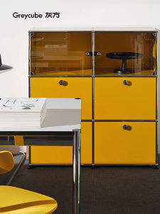 GREY CUBE | Modular Storage Cabinet with Glass Doors and Drawers Steel Frame Modern Sideboard for Living Room Kitchen Compact Design Light Luxury Storage Unit