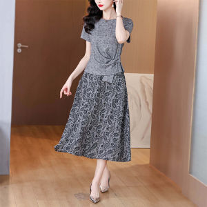 MAIMEI | Elegant Summer Two-Piece Set Semi-Body Skirt And Dress Polyester Fabric A-Line Sleeve Short Sleeve Round Neck 3D Effect For Mom