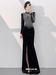 Elegant Black New Arrival Party Style Long Sleeve Side-Slit Mermaid Dress