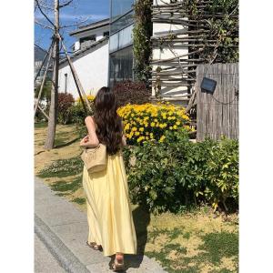 French Yellow Strapless Dress Womens Summer Beach Vacation Style Loose A-Line Skirt Casual Chic No-Sleeve Gown for Ladies