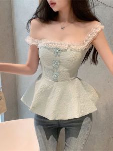 GUZILIAN | Mint Green Floral Halter Vest Women Summer Thai Style Sweet And Spicy Girl Puffy Sleeve Short Dress Single Button Closure