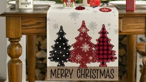 Red Pine Trees Merry Christmas Table Runner Winter Xmas Holiday Kitchen Dining Table Decoration for Home Party Decor 13x72 Inch