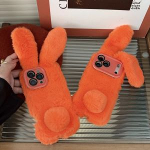 เคสขนกระต่ายนุ่มฟู อุ่นสบาย สำหรับ iPhone Air 11 12 13 14 15 16 17 Pro Max พร้อมขาตั้งพับได้ ปกป้องกล้อง