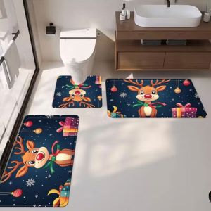 VIKAMA Vintage Santa Claus Flocking 3 Piece Bathroom Mat Set Non Slip Soft Bath Rug For Bathroom Shower Home Decor