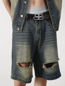 Trendy Ripped Design Straight Leg Mens Jeans Loose Summer American Retro Five-Quarter Shorts Vintage Style Casual Trousers