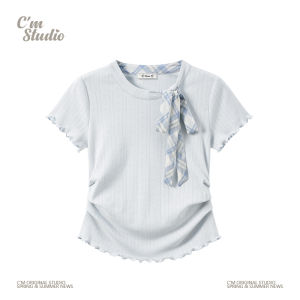 Áo Thun Tay Ngắn Xếp Ly Cạp Cao Cho Nữ Mùa Hè 2025 Phong Cách Hàn Quốc Cotton 93% Co Giãn 7% Màu Trơn Không Có Nút