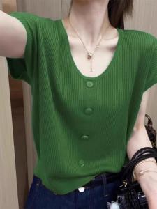 เสื้อสเวตเตอร์ถักแขนสั้นแบบลำลอง คอกลม ดีไซน์ตกแต่งกระดุม แฟชั่นฤดูร้อน 2024 เข้าชุดได้หลากหลาย เสื้อคลุมกันหนาวแบบสวมหู