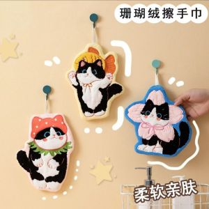 Khăn Lau Tay Nhung Mèo Dễ Thương Bằng Vải Nhung San Hô Dày Treo Tại Nhà Không Rụng Chất Liệu Polyester Mềm Mại Dùng Cho Mọi Lứa Tuổi