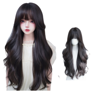 AINIYA | Long Wavy Full Wig with Big Waves Natural Look Realistic Human Hair Airy Bangs