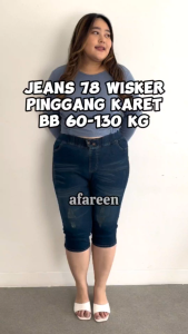 AFAREEN Celana Jeans Pendek Wanita Plus Size 7/8 Pinggang Karet Gaya Plus Size Jeans 78 Whisker Wanita Jumbo Size 35-42
