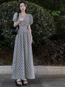 French Style Gray Polka Dot Tight Waist V-neck Best Selling Half-Length Dress Stylish Niche Women's Summer Temperament Long Dress