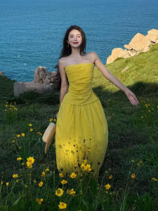 Yellow Halter Split Midi Skirt Set Vacation Vibes White Enhancing Design Sense Dopaamine Beautiful Resort Style Fashionable Two Piece Set