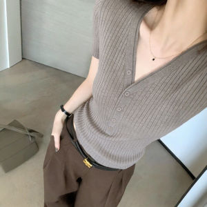 CHOEFULYN | Elegant Stripe V-Neck Straight Shoulder Short Sleeve Slim Fit Knit Top