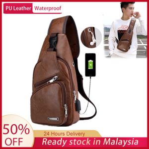 Lelaki USB Crossbody Bag Retro Leather Chest bag Men Cross body bag Bag lelaki Men bag Sling Bag