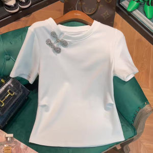 White round Neck Diamond Embellished Short Sleeve Womens T-shirt Slim Fit Fashionable Design Top for Summer 2023
