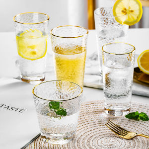 Hammered Embossed Golden Edge Cup Glass Household Water Cup Teacup Tea Set Retro Water Glass Female Drinking Cup Children
