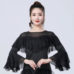 ผู้หญิงเต้นรำที่ทันสมัยด้านบนลาตินเต้นรำตาข่ายแขนด้านบนเต้นรำสังคมด้านบนเต้นรำแขนยาวด้านบนT-Shirts