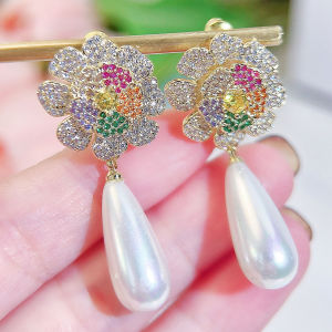 SEQUITO เครื่องประดับหูผู้หญิงรูปทรงเรขาคณิตดอกไม้3D เพชรสังเคราะห์ AAA ต่างหูรูปหยดน้ำยาวสีทองกับไข่มุกของขวัญวันครบรอบ SE911