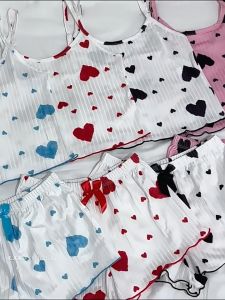 UINSMALL C091 COD Heart Print Ribbed Frill Trim Pajama Set Cute Bow Notched Neck Cross Strappy Backless Crop Cami Top & Elastic Shorts Womens Sleepwear