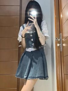 Retro Chic Denim Suit Skirt Womens Summer Small Camisole Short Sleeve Shirt Skirt Three-Piece Suit