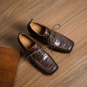 Deep Mouth Leather Single Shoes for Women Spring Autumn New Style Square Head Thick Heel High Heel Versatile British Style Shoes