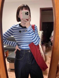 แขนยาวลายทางสีเหลือง ผู้หญิง เสื้อยืด สลิมฟิต เสื้อฐาน เสื้อท่อนบน ฤดูใบไม้ร่วง 2023 ใหม่ ดีไซน์ K-style Pure แฟชั่น