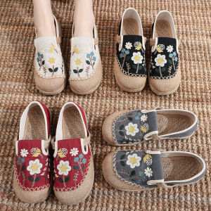 Beijing Ladies Embroidered Linen Fisherman Shoes Comfortable Breathable Soft Bottom Retro Student Canvas Shoes Flat Heel