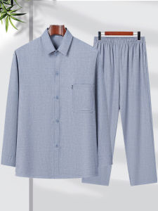 เสื้อเชิ้ตผ้าฝ้ายลินินหลวมแขนยาวบางสำหรับผู้ชายวัยกลางคนและผู้สูงอายุ ฤดูใบไม้ผลิและฤดูร้อน เสื้อเชิ้ตผู้ชายแบบลำลอง