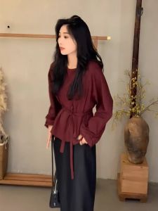 YUFUQING | Ankela Red Shirt Womens Autumn 2024 New Style Belted Waist Design Unique Beautiful Top Quality Polyester Fiber Long Sleeve Round Neck