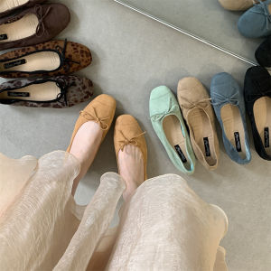 Gommino Womens Chic South Korea Square Toe Low-Cut Bows Flat Shoes Ballet Plaid Easiest for Match Retro Shoes Tide