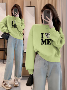 Green round Neck Sweatshirt Womens Fashionable Short Style Spring New Arrival Comfortable Cotton Blend Korean Version Top