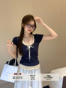 Wu 77bm Lace-up Contrast-Color Fake Two Pieces Short Sleeve T-Shirt Female Stylish Wooden Ear Silm Slim Looking Texture Tops