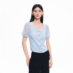 Koradior | Lace Puff Sleeve Retro Square Collar Knit Top