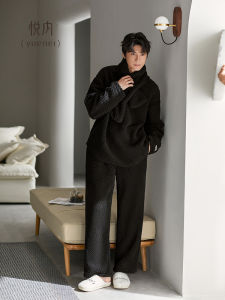 yuenei | YueNei Mens Sleepwear Round Neck Pullover Fleece Lined Thickened Flannel Coral Velvet Home Clothes Black Winter Style Set