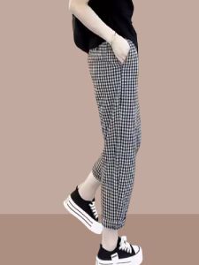 Shalldoer | High Waist Lightweight Womens Casual Pants Gingham Linen Blend Wide Leg