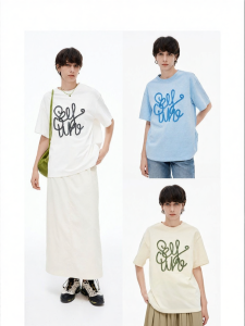 Pure Cotton Single Color Short Sleeve T-Shirt Spacious Embroidered