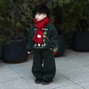Thickened Fleece Winter Outfit for Boys Cool Street Style Christmas Red Sweatshirt Pants Set Childrens New Year Visiting Clothes
