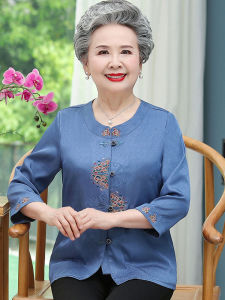 SUPIAN | Silk Shirt Womens Fashionable Round Neck Half Sleeve Summer Clothes For Elderly Ladies Traditional Chinese Grandma Style Loose Fit