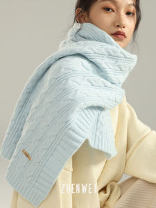 ผ้าพันคอถักหนาสำหรับผู้หญิงในฤดูหนาว สีน้ำเงินครีม ผ้าคลุมไหล่สองทาง ผ้าพันคอขนาดใหญ่ กล่องของขวัญ ผ้าพันคอแบบสวมหัว ผ้าไหม ผ้าฝ้าย