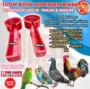 Tutup botol dispenser OTOMATIS hewan / tutup dispenser minum burung merpatibeo parkit ayam cepuk tutup botol tempat minum dan pakan sistem dispenser 1 set dapat 2 pc tempat minum dan tempat pakan.