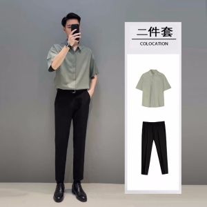 Summer Shirt Mens Drape Korean Style Fashionable Mens Short Sleeve Shirt Young Handsome Ice Silk Thin Fancy Top
