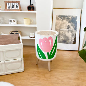 Cute Japanese Style Wooden Look Trash Can Press Top Lid Floor Standing Waste Paper Basket Dog Shape Home Use Garbage Bin
