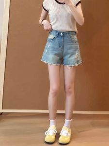 Summer Thin A-Line Denim Shorts Womens plus Size Frayed Hem Loose Slimming Versatile Hot Pants Casual High Waist Wide Leg Jeans