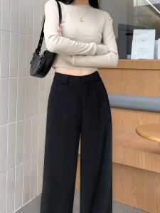 Black Wide Leg Pants Womens Casual Straight Leg Trousers High Waist Polyester Fiber Soft Comfortable Fit for Commuting And Daily Wear