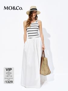 MO&Co. | False Two-piece Patchwork Xinjiang Cotton Dress Medium-high Waist Drawstring