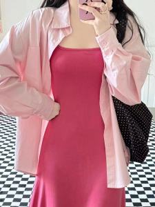 เสื้อเชิ้ตแขนยาวผู้หญิงสไตล์วินเทจสีชมพูม่วง 100% ผ้าฝ้ายแท้ ทรงหลวม สไตล์เกาหลี ปกโปโล คอกลม เสื้อเชิ้ตทำงาน