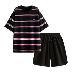 yuenei | Mens Summer Cotton Pajamas Short Sleeve Shorts Home Clothes Casual Striped Large Size Can Be Worn Outside Comfortable Breathable